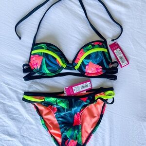 Neon Floral Bikini Set with Black Trim